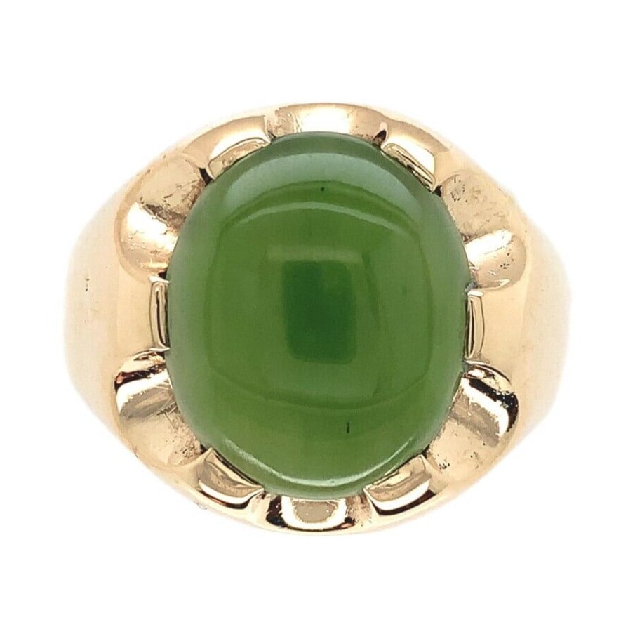 Authentic 10k Yellow Gold Men's Jade Ring Oval Cabochon 1950s Size 9.5 (1 of 10)