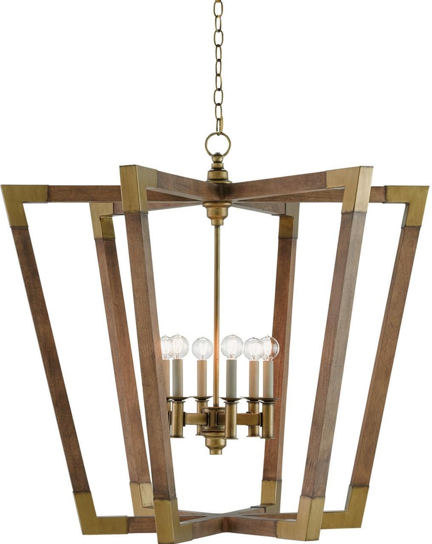 Mid-Century Modern Wood Brass Chandelier by Currey Bastian Collection: Mid-Century Modern Wood Brass Chandelier by Currey Bastian Collection Illuminate your space with this stunning Mid-Century chandelier, expertly crafted in a vintage style. This large geometric chestnu