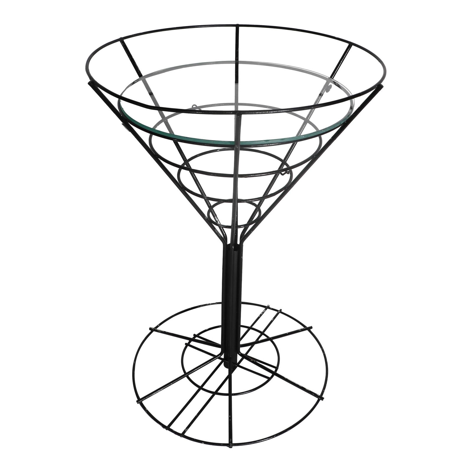 Mid Century Wrought Iron Martini Glass Side Table Black Finish: Mid Century Wrought Iron Martini Glass Side Table Black Finish This whimsical side table, designed in the form of a martini glass, showcases a sturdy wrought iron frame and features a glass insert top