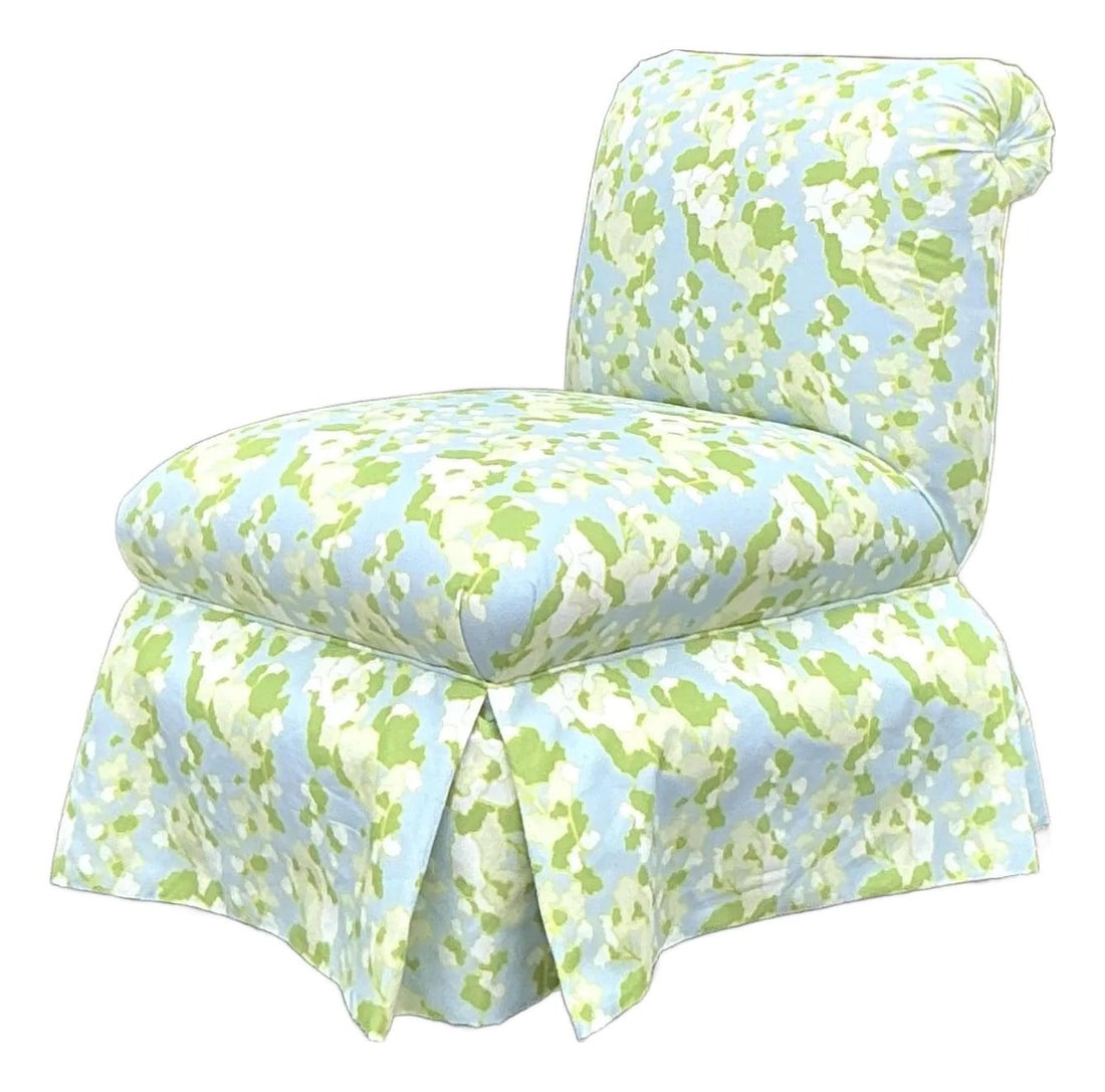 Vintage Regency Slipper Chair Floral Lines by Megan Adam for Quadrille: Vintage Regency Slipper Chair Floral Lines by Megan Adam for Quadrille Experience timeless elegance with this vintage Regency slipper chair, exquisitely upholstered in the exceptional "Floral Lines" f