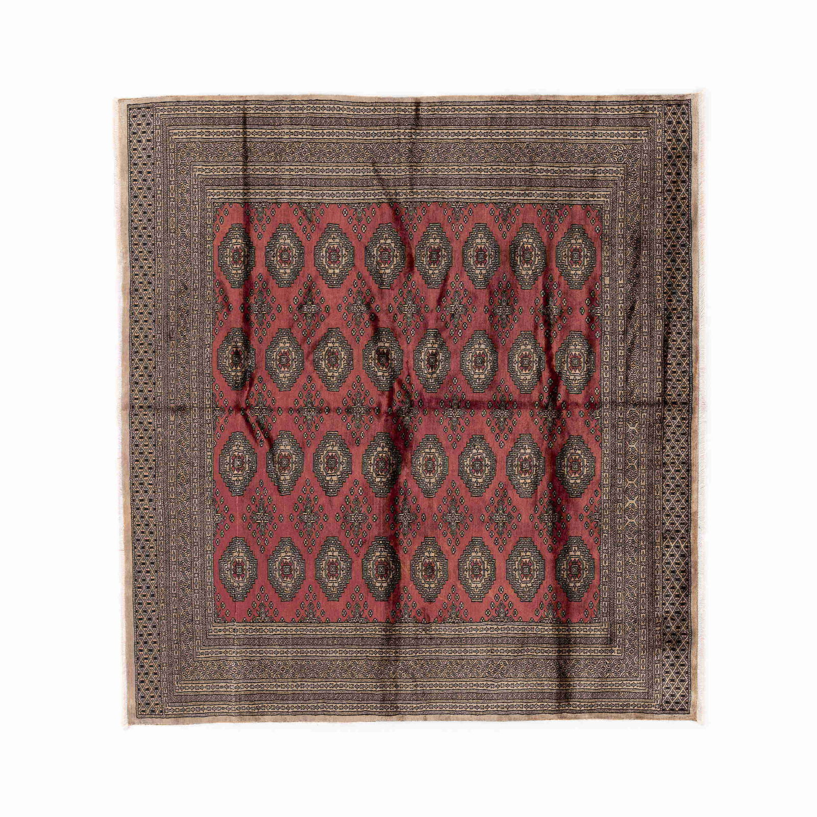 Handmade Kashmir Wool on Cotton Carpet 80.3 x 84.6 Inches: Handmade Kashmir Wool on Cotton Carpet 80.3 x 84.6 Inches Experience the exquisite craftsmanship of this authentic handmade Kashmir carpet, combining luxurious wool with a durable cotton base. This st