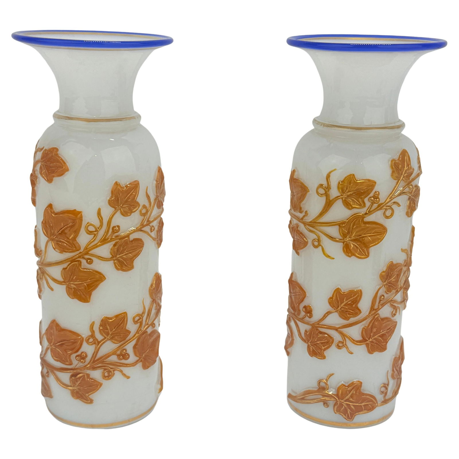 Set of 2 French Opaline Glass Vases with Cobalt Rims Attr. Baccarat 1860-80 (1 of 10)