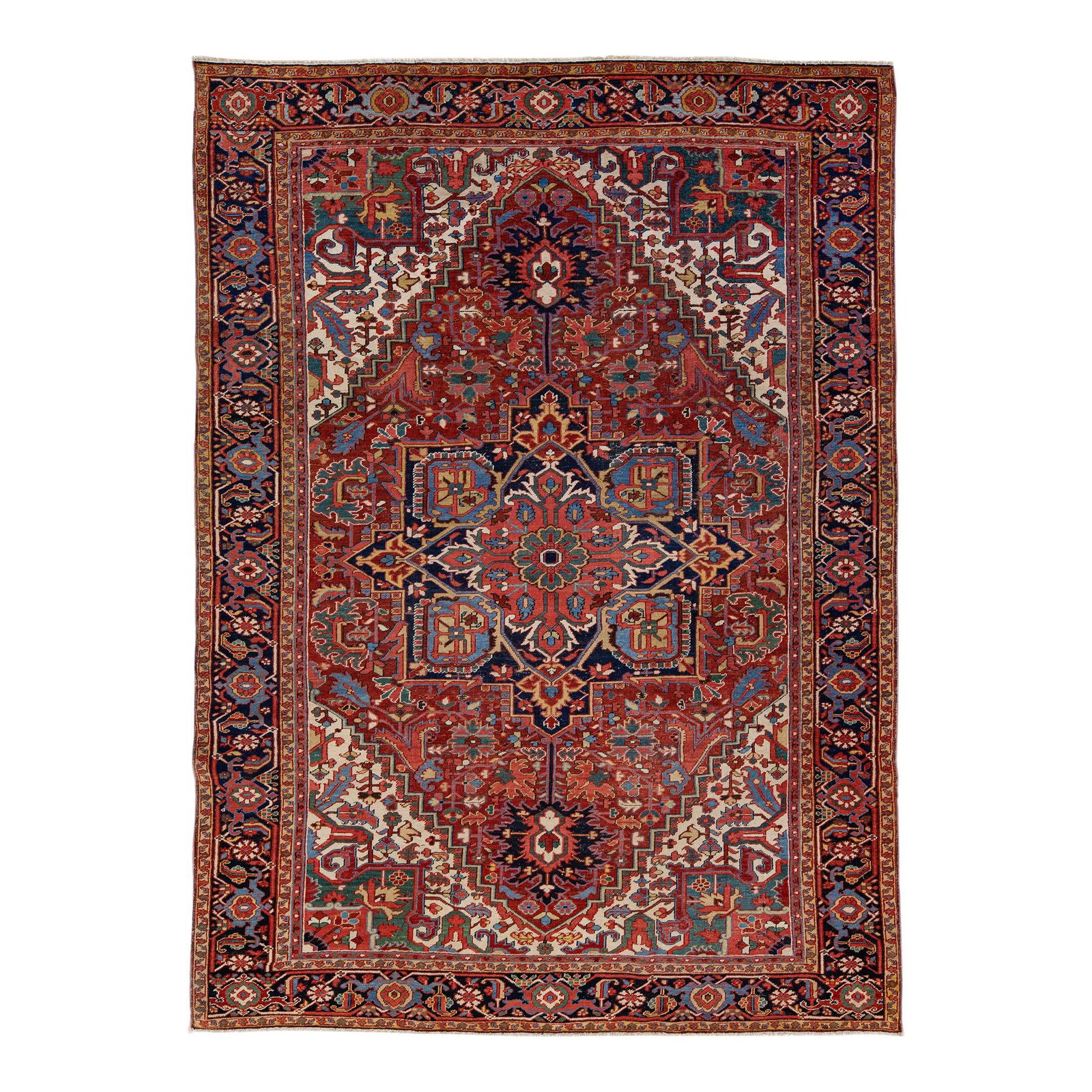 Antique Persian Heriz Hand-Knotted Wool Rug 7'10 x 10'9 Medallion Design: Antique Persian Heriz Hand-Knotted Wool Rug 7'10 x 10'9 Medallion Design This stunning antique Heriz rug features a vibrant red field complemented by a navy blue frame and an exquisite all-over medall
