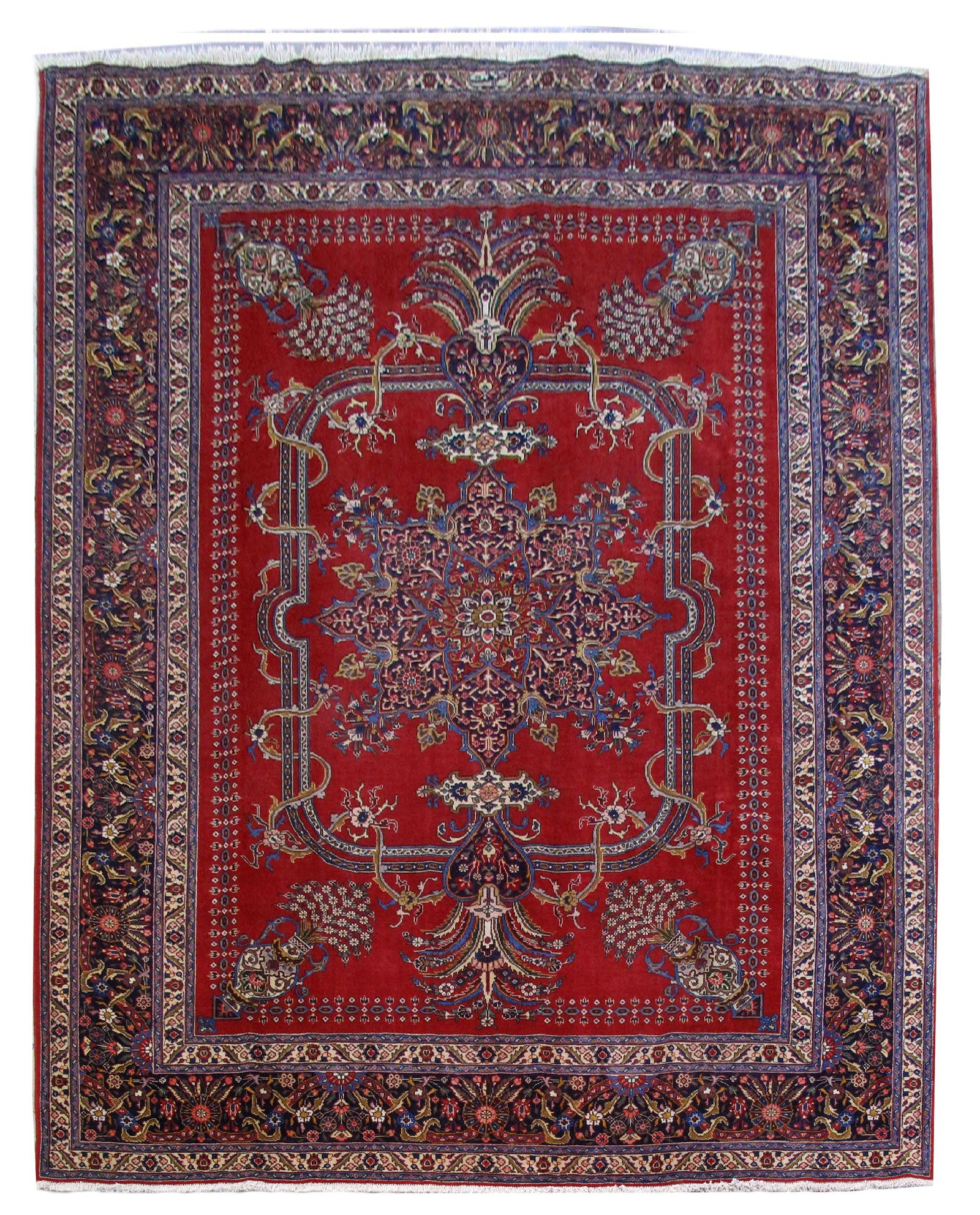 Exquisite 9.8 x 12.6 Hand-Knotted Red Persian Tabriz Rug: Exquisite 9.8 x 12.6 Hand-Knotted Red Persian Tabriz Rug Free continental US Shipping Discover the exquisite beauty of this hand-knotted Red Persian Tabriz rug, measuring 9' 8" x 12' 6". Crafted by sk
