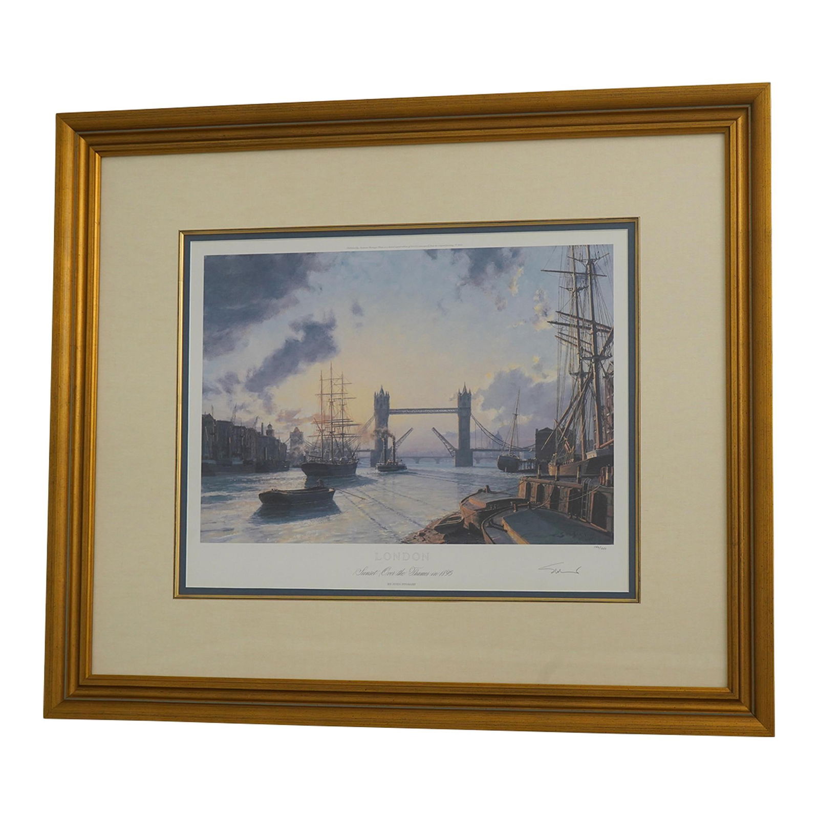 Artist Signed Thames River Sunset Framed Engraving Print Gold Leaf Finish (1 of 10)