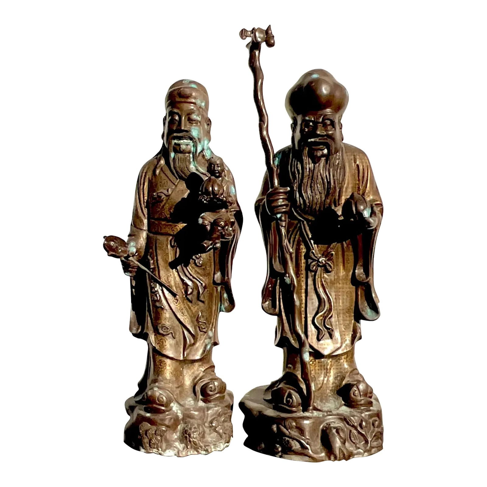 Vintage Japanese Bronze Ancestral Figures Set of 2 Decorative Art: Vintage Japanese Bronze Ancestral Figures Set of 2 Decorative Art Enhance your decor with this exquisite set of Vintage Japanese Bronze Ancestral Figures. Each figure features intricate details that r