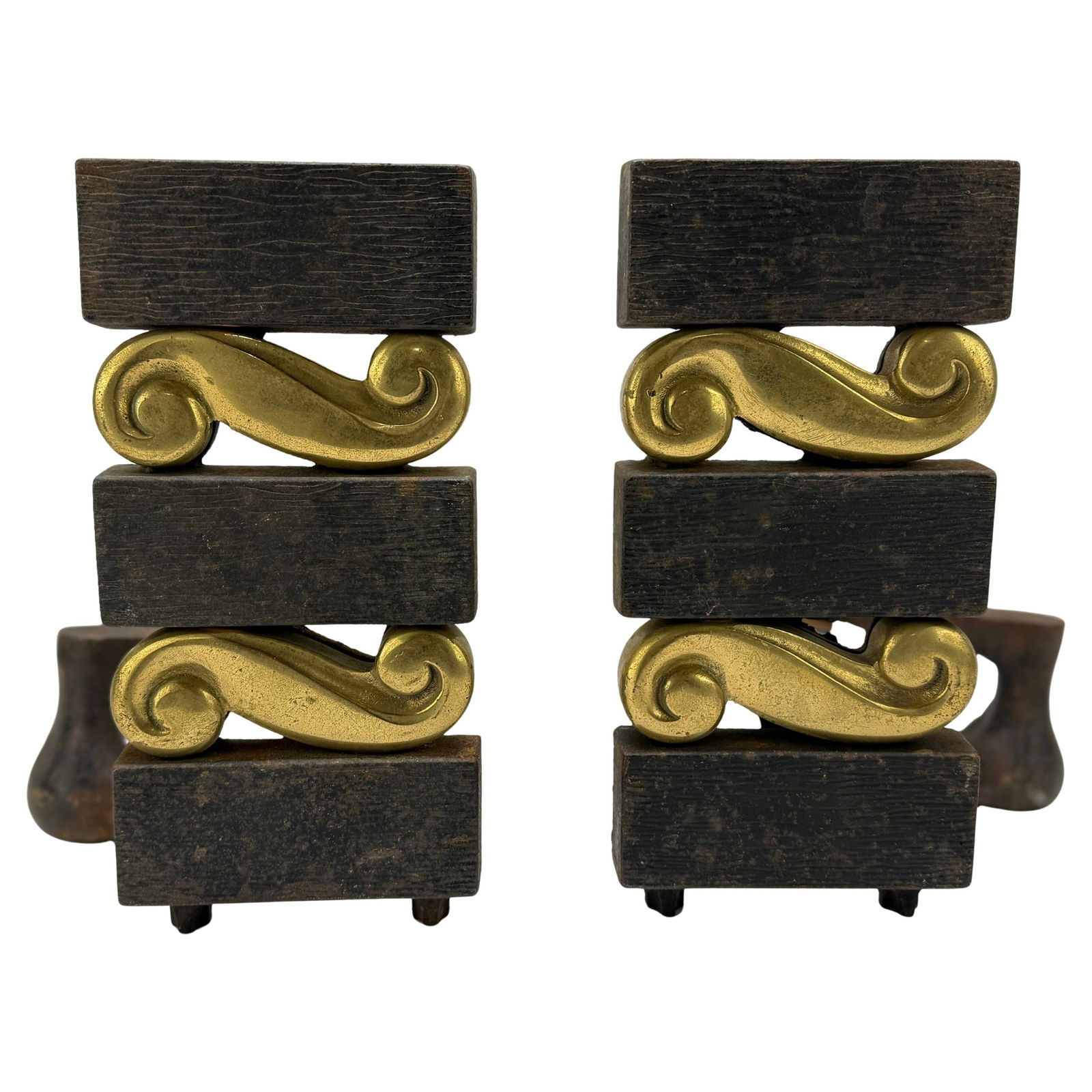 Donald Deskey Mid-Century Modern Andirons Set of 2 in Bronze and Brass: Donald Deskey Mid-Century Modern Andirons Set of 2 in Bronze and Brass This stunning pair of andirons, designed by the renowned Donald Deskey for Bennett, epitomizes mid-century modern design with its