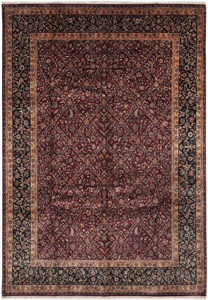 Handmade India Tabriz Area Rug 110 x 150 in Fine Wool Burgundy Gold: Handmade India Tabriz Area Rug 110 x 150 in Fine Wool Burgundy Gold Free continental US Shipping This high-end handmade area rug from India features a hand-knotted weave using fine wool, presenting a