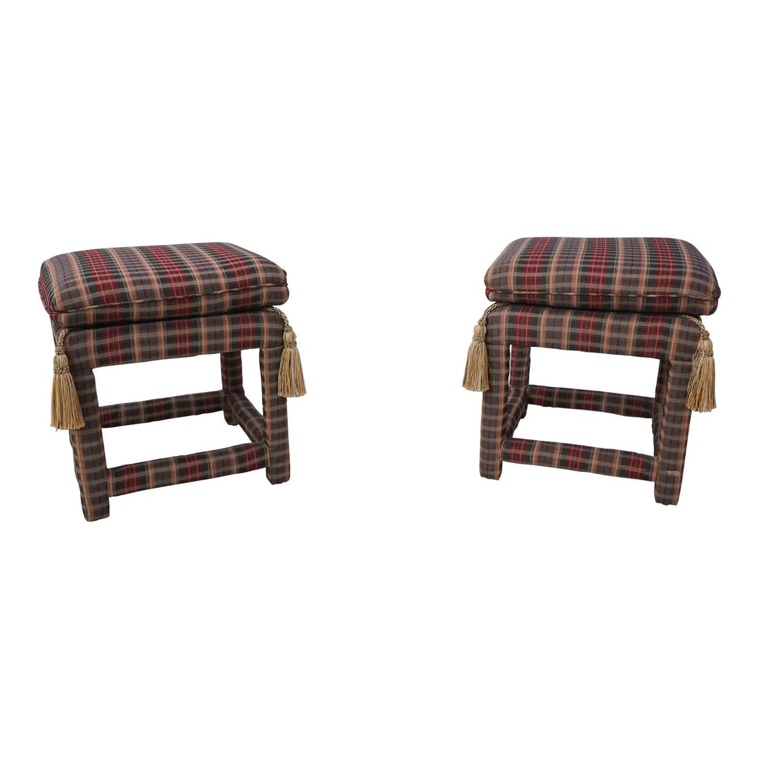 Custom Plaid Print Upholstered Square Stools Pair Red Decor (1 of 10)