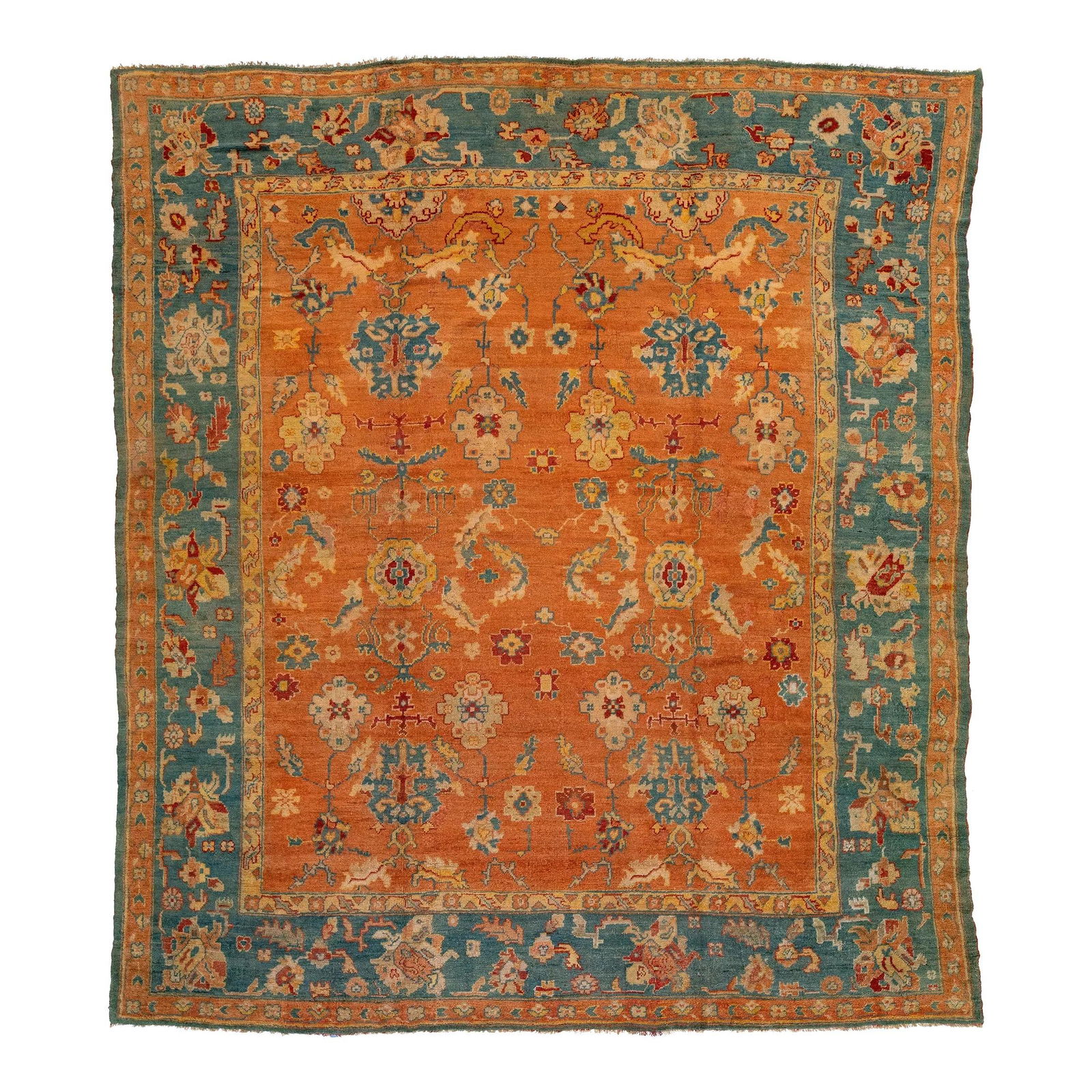 1880s Handmade Orange Blue Turkish Oushak Wool Rug 12'10 x 14'5 (1 of 9)