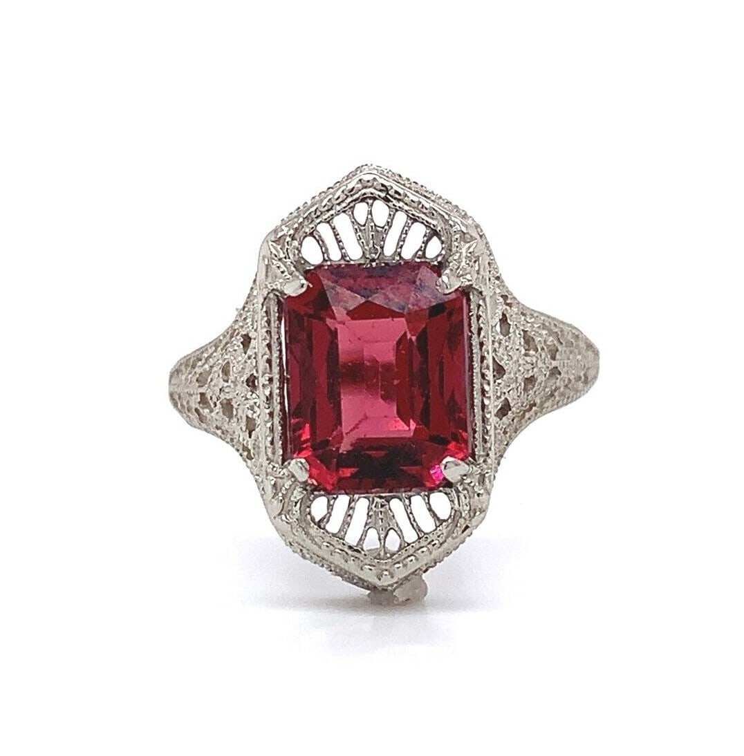 Vintage 2.30ct Natural Garnet Filigree 10k White Gold Ring (1 of 8)