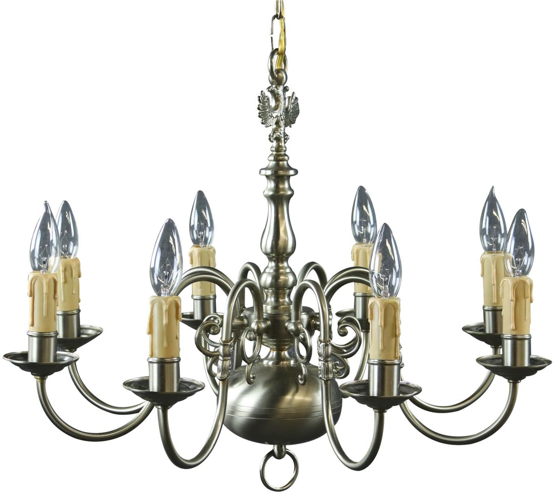 Vintage 1950 Flemish Style Nickel-Plated Bowl Chandelier: Vintage 1950 Flemish Style Nickel-Plated Bowl Chandelier Enhance your interior space with this Elegant Belgian Bronze Chandelier, a stunning piece that embodies the charm of Flemish style. Crafted fro