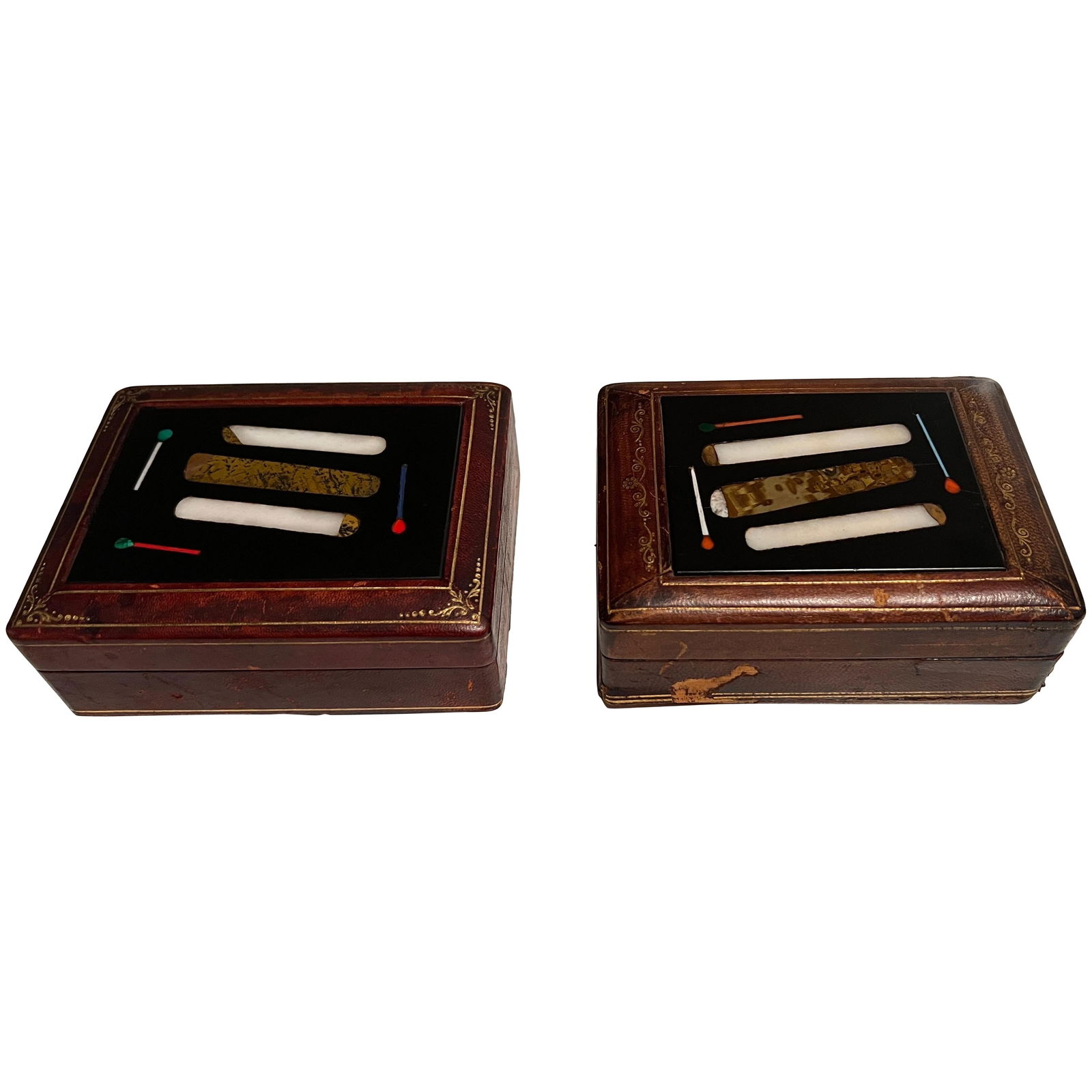 Set of 2 Italian Tooled Leather Tobacco Boxes with Pietra Dura Motif (1 of 7)