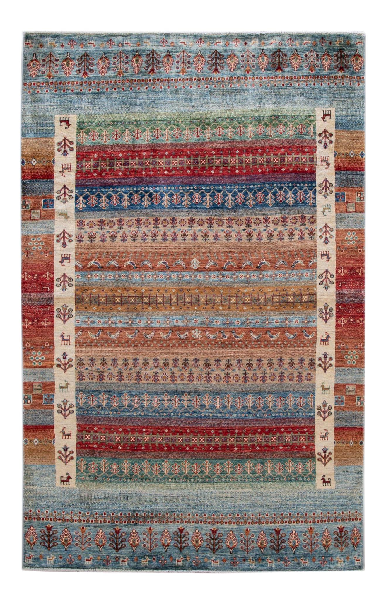 Vibrant Modern Gabbeh Hand-Knotted Wool Rug 5'1 x 8'1: Vibrant Modern Gabbeh Hand-Knotted Wool Rug 5'1 x 8'1 Enhance your space with this stunning modern Gabbeh style hand-knotted wool rug. Featuring a vivid blend of blue, orange, green, and red, it showc