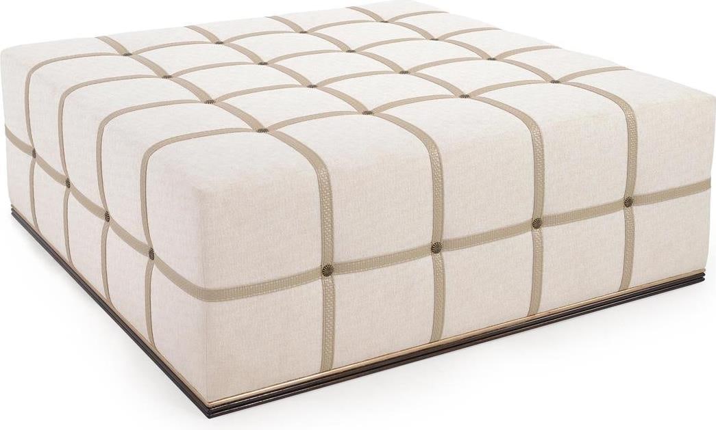 Transitional John-Richard Ottoman in Chenille Vegan Leather with Brass Accents: Transitional John-Richard Ottoman in Chenille Vegan Leather with Brass Accents Elevate your living space with this stylish ottoman, expertly crafted in a blend of soft chenille and durable vegan leath