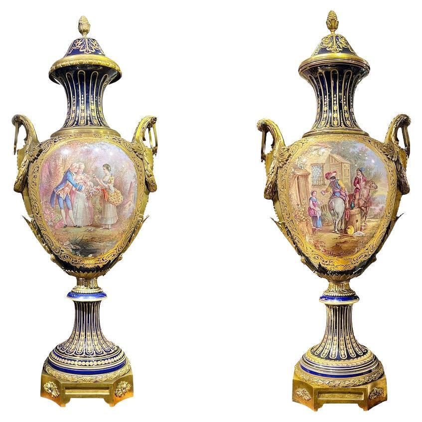 Set of 2 French Sevres Style Bronze Porcelain Vases Signed Poitevin 19th Century: Set of 2 French Sevres Style Bronze Porcelain Vases Signed Poitevin 19th Century This is a matched pair of large French Sevres style vases from the late 19th century, crafted in the Louis XV/XVI style