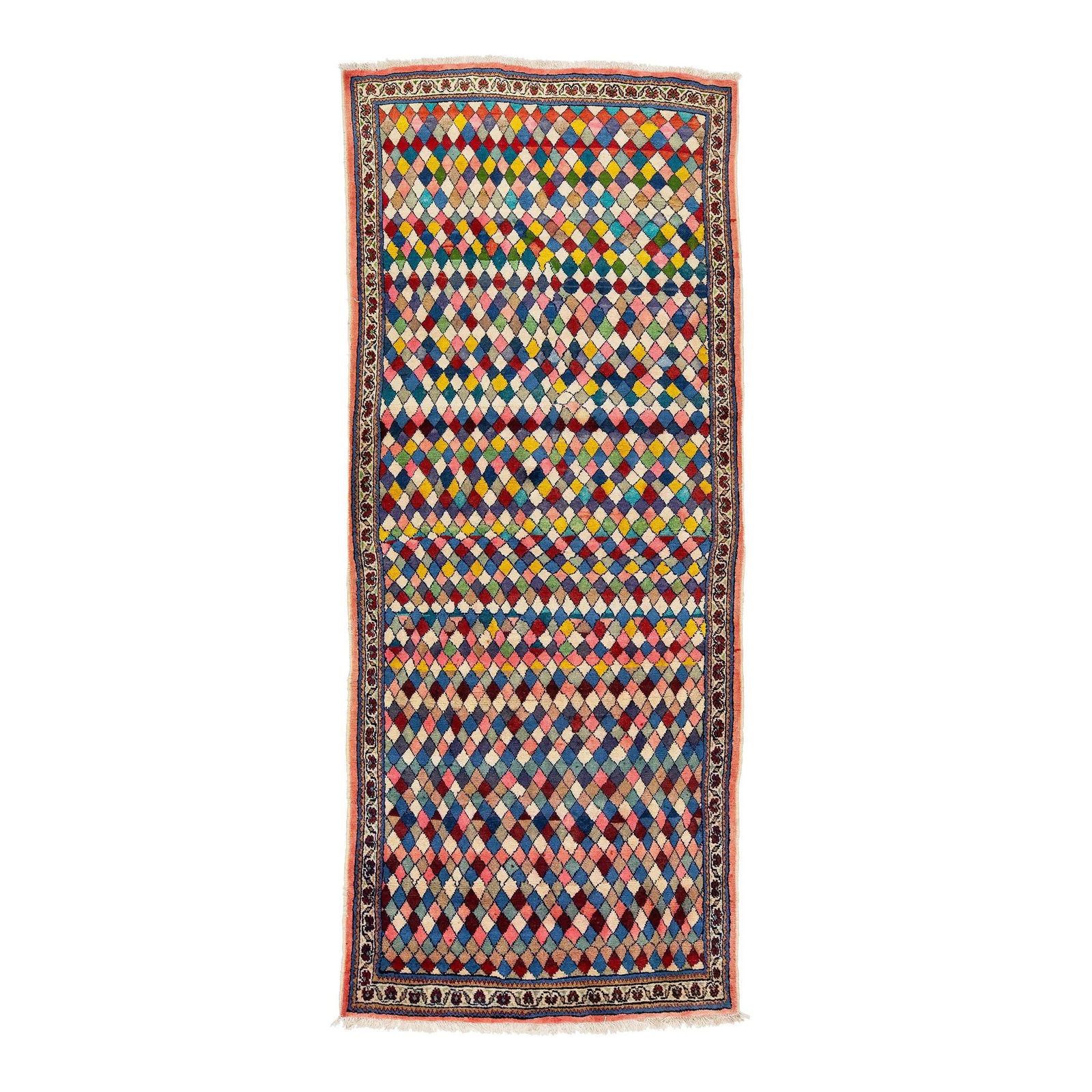 1950s Persian Shiraz Hand-Knotted Wool Rug Multicolored Geometric Design: 1950s Persian Shiraz Hand-Knotted Wool Rug Multicolored Geometric Design Elevate your home decor with this exquisite 1950s Vintage Geometric Multicolored Persian Shiraz Hand-Knotted Wool Rug. This stu