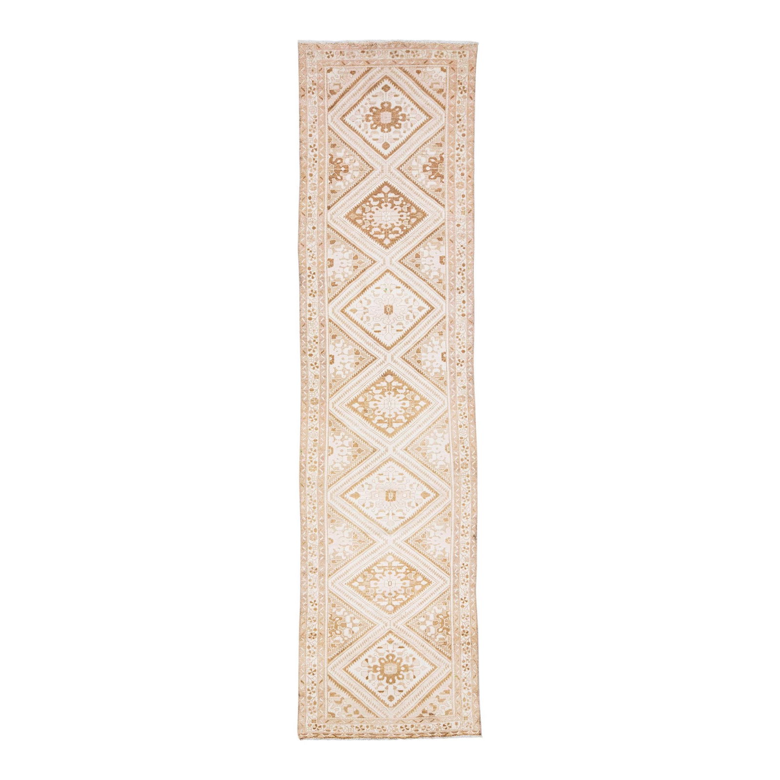 Vintage Persian Hamadan Beige Wool Runner 3'3 x 13'2 Handmade Tribal Design: Vintage Persian Hamadan Beige Wool Runner 3'3 x 13'2 Handmade Tribal Design Discover the charm of this vintage Persian Hamadan runner, expertly hand-knotted from high-quality wool. Featuring a warm be