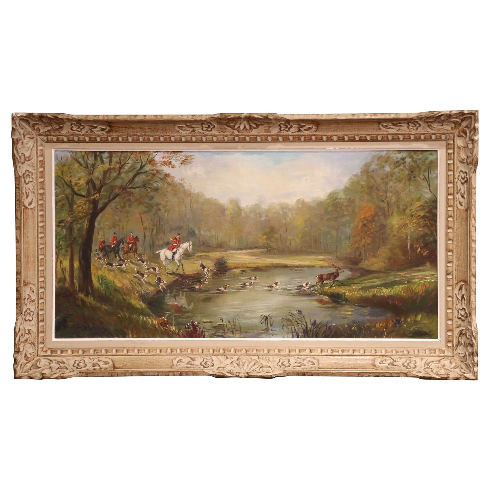 French Hunt Scene Oil on Canvas Signed M Pol in Ornate Carved Frame (1 of 11)