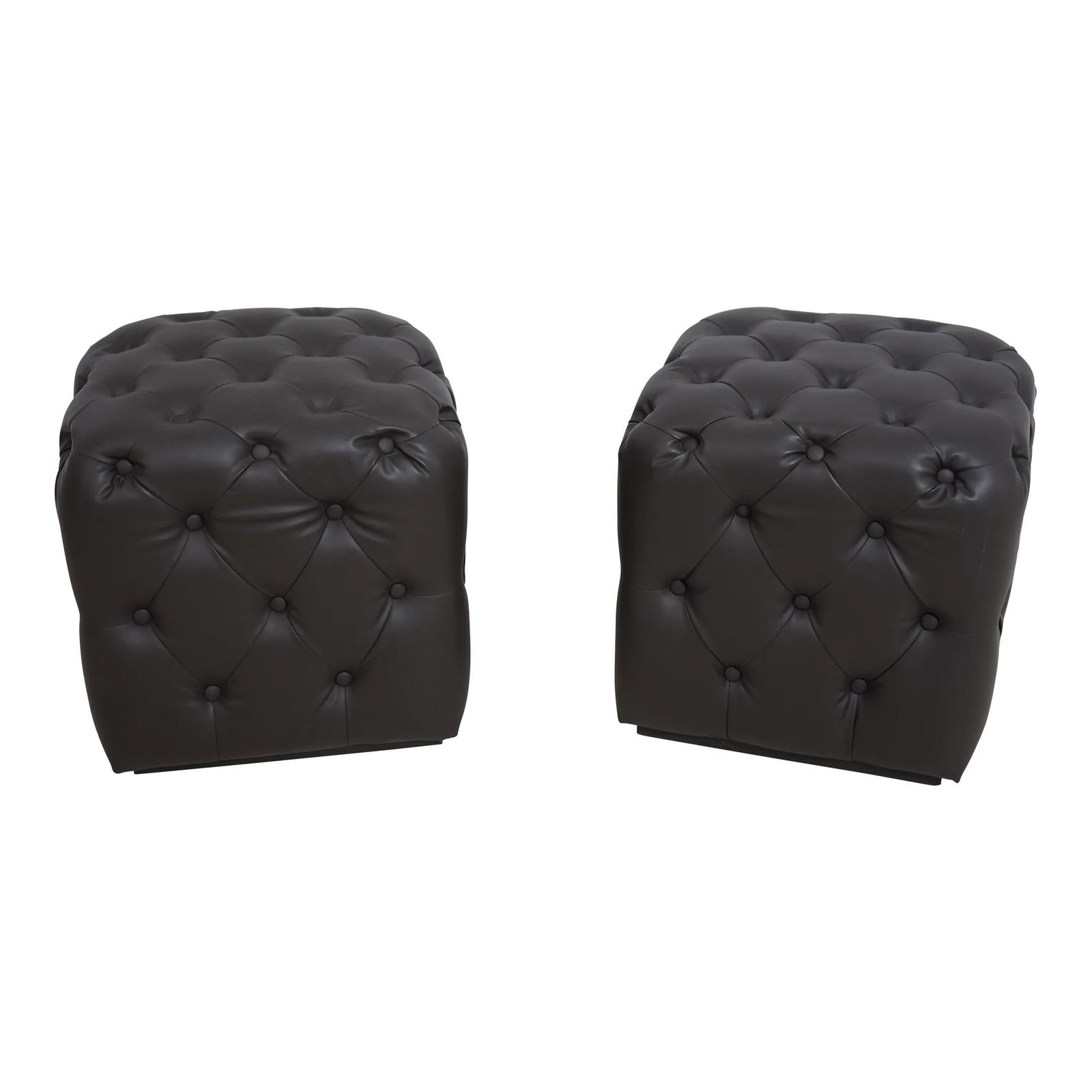 Modern Chesterfield Style Pair of Brown Faux Leather Ottoman Stools (1 of 10)