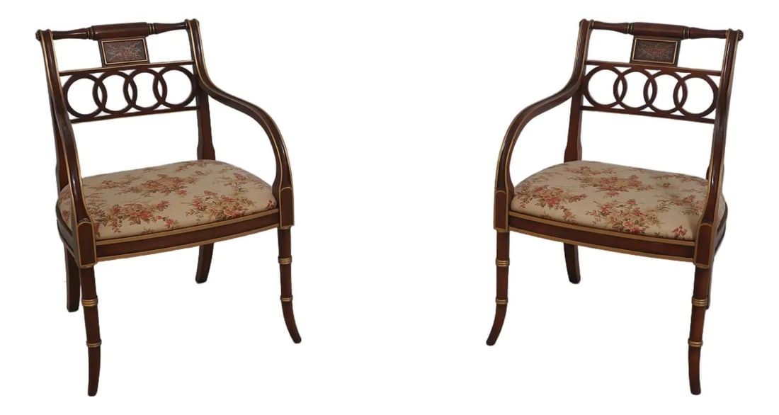 Set of 2 Regency Influence Mahogany Armchairs with Gold Details (1 of 10)