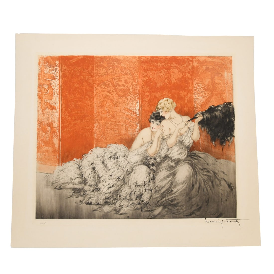 Mockery Serigraph by Louis Icart Signed Art Deco Print: Mockery Serigraph by Louis Icart Signed Art Deco Print "Mockery" is a captivating Art Deco print by the renowned artist Louis Icart, featuring an alluring woman in a seductive pose. This signed piece