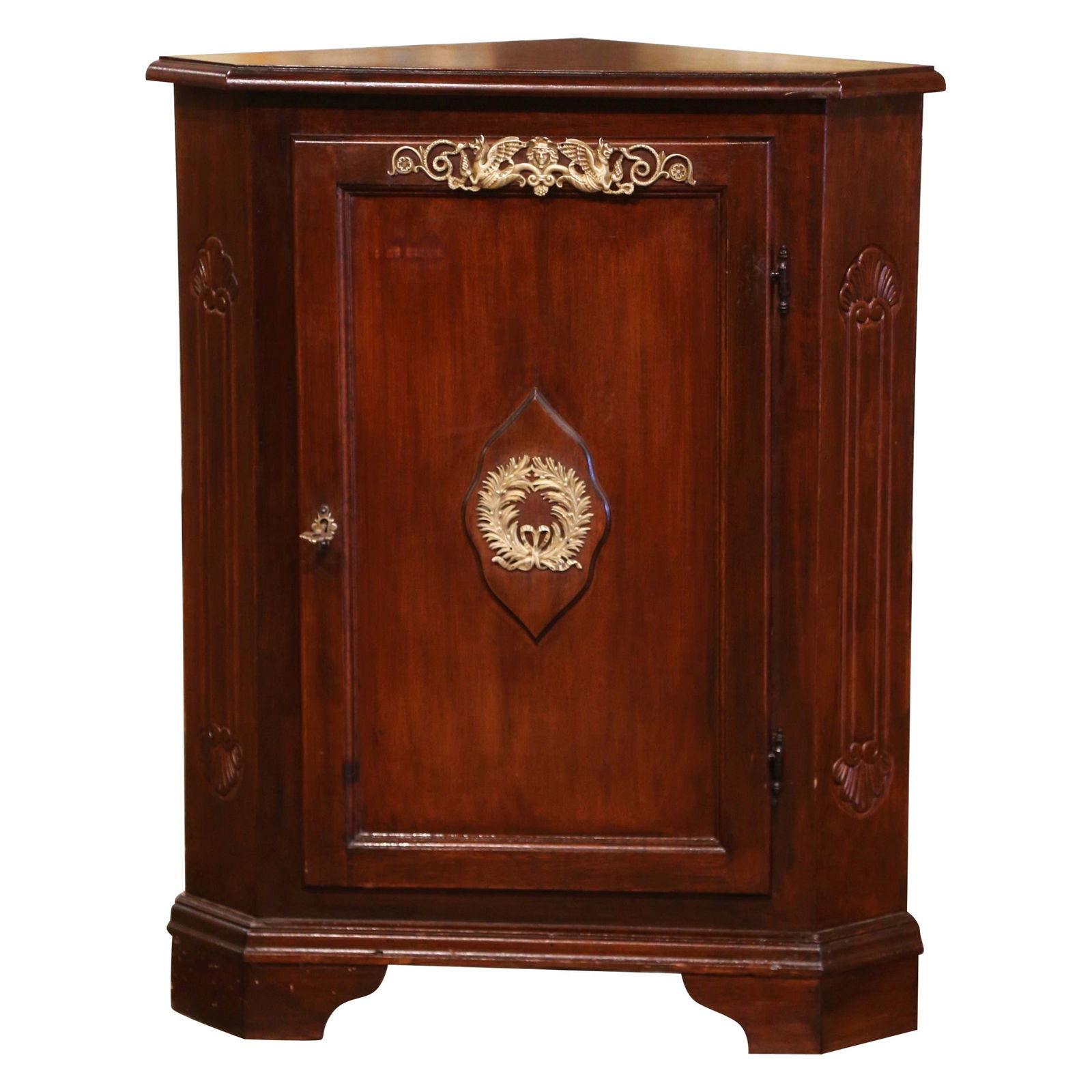 Louis Philippe French Mahogany Corner Cabinet with Gilt Bronze Mounts circa 1950: Louis Philippe French Mahogany Corner Cabinet with Gilt Bronze Mounts circa 1950 This mid-20th century French corner cabinet showcases elegant Louis Philippe style and was crafted around 1950. Constru