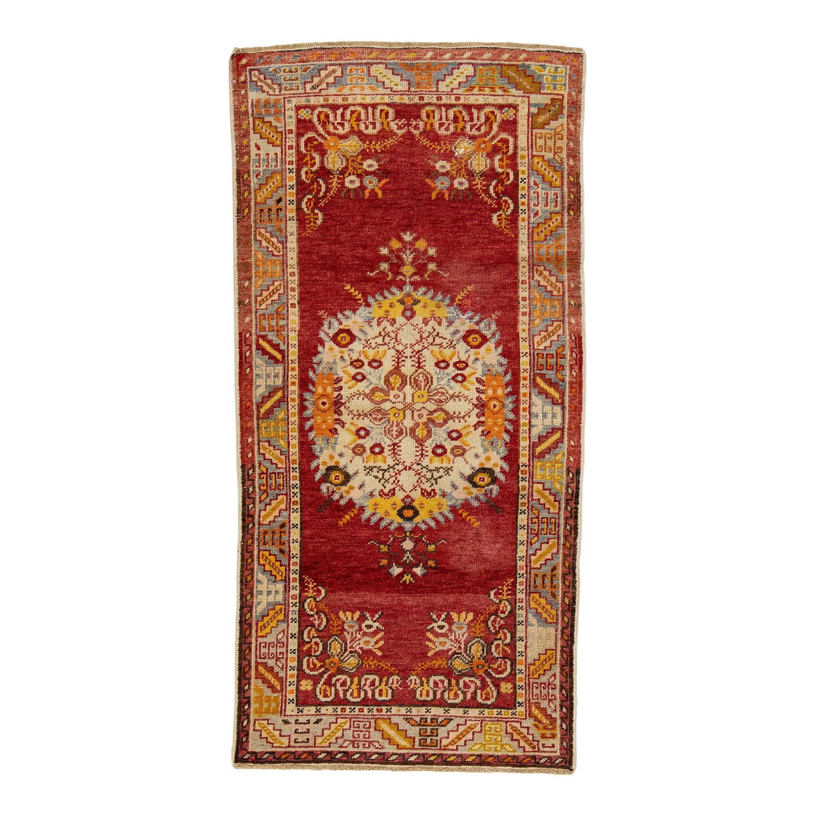 1920s Antique Khotan Wool Rug Red Medallion Motif 2'11" x 6'1" (1 of 7)