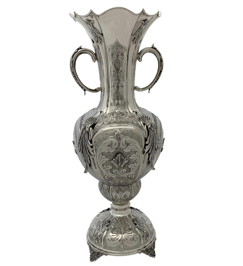 Handmade 925 Sterling Silver Flower Vase with Handles 18 Inches: Handmade 925 Sterling Silver Flower Vase with Handles 18 Inches This exquisite flower vase is crafted from fine 925 sterling silver and showcases a stunning handmade chased design featuring shell and
