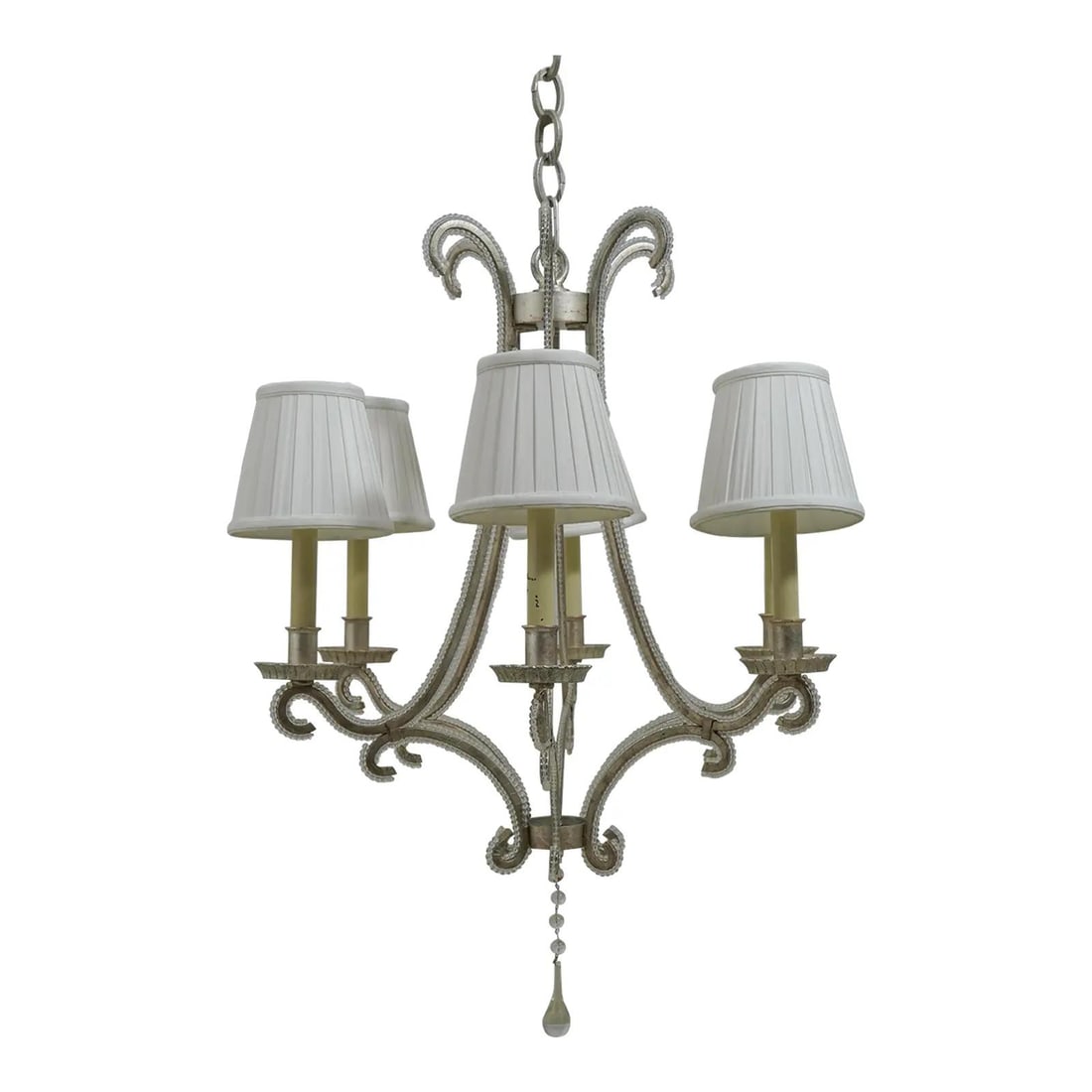 Silver Designer 6 Arm Chandelier with Beaded Trim and Chain: Silver Designer 6 Arm Chandelier with Beaded Trim and Chain Enhance your space with this elegant Silver Designer 6 Arm Chandelier, featuring a beautiful beaded trim. Crafted with quality construction,