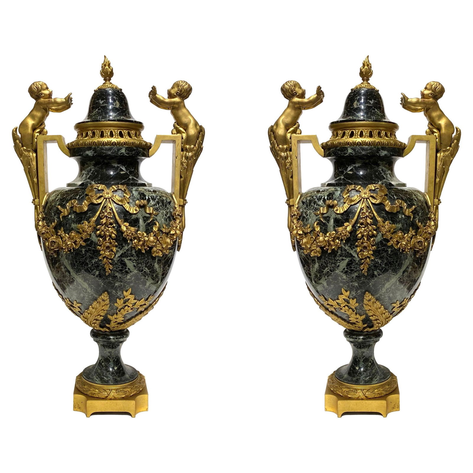 Set of 2 French Louis XVI Gilt Bronze Mounted Marble Urns with Cherub Motifs (1 of 18)