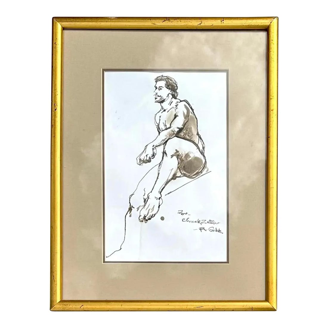 Signed Vintage Figure Study Ink Artwork on Paper: Signed Vintage Figure Study Ink Artwork on Paper This vintage ink drawing features a seated male figure, skillfully rendered with bold lines and expressive detail. The composition reflects a classical