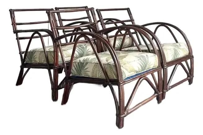 Set of 4 1940s Bent Rattan Lounge Chairs With Custom Palm Leaf Cushions (1 of 10)