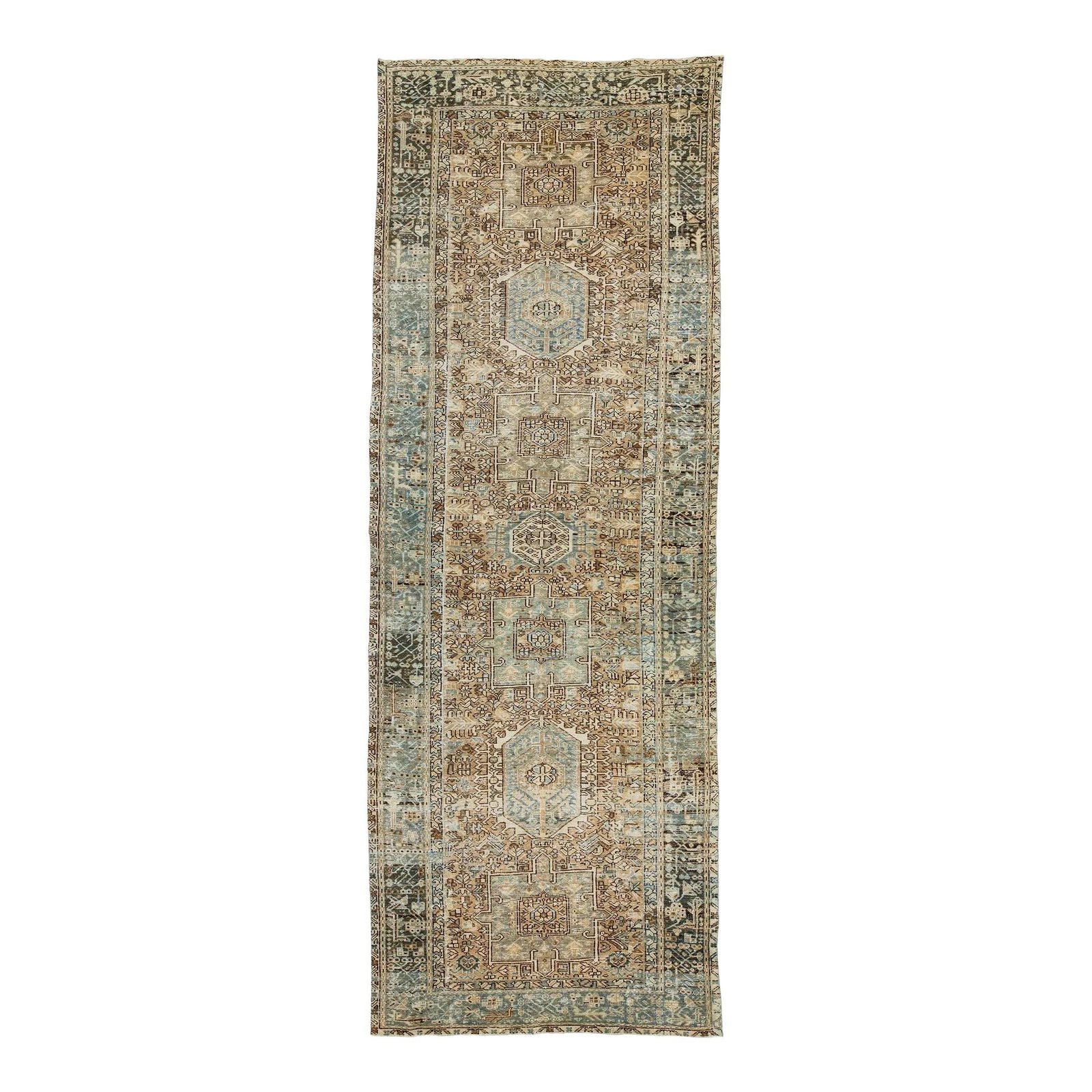 Antique Heriz Handmade Wool Runner with Blue Accents 4'8 x 12'10: Antique Heriz Handmade Wool Runner with Blue Accents 4'8 x 12'10 Discover the beauty of this stunning 20th-century Heriz hand-knotted wool runner, featuring a rich brown field adorned with captivating