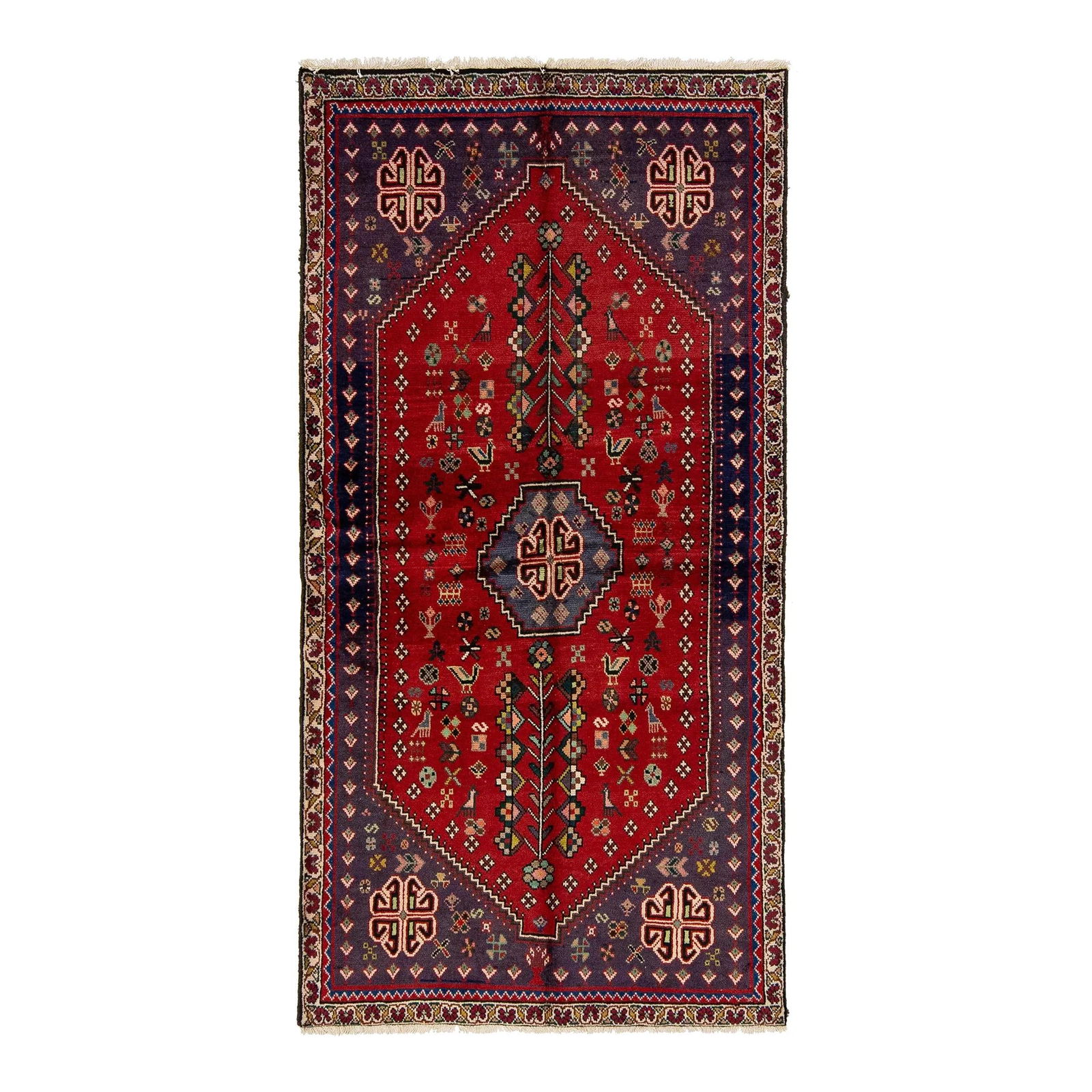Vintage Persian Shiraz Red Hand-Knotted Wool Rug Medallion Design 3'3 x 6'5: Vintage Persian Shiraz Red Hand-Knotted Wool Rug Medallion Design 3'3 x 6'5 This exquisite vintage Persian Red Shiraz rug is a true testament to the art of traditional Persian weaving. It features a