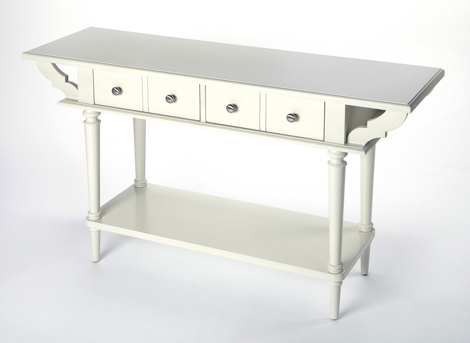 Butler Transitional White Console Table with Silver Hardware: Butler Transitional White Console Table with Silver Hardware Introducing the Butler Console, an elegant white entryway piece that combines functionality with a sophisticated design. This transitional-