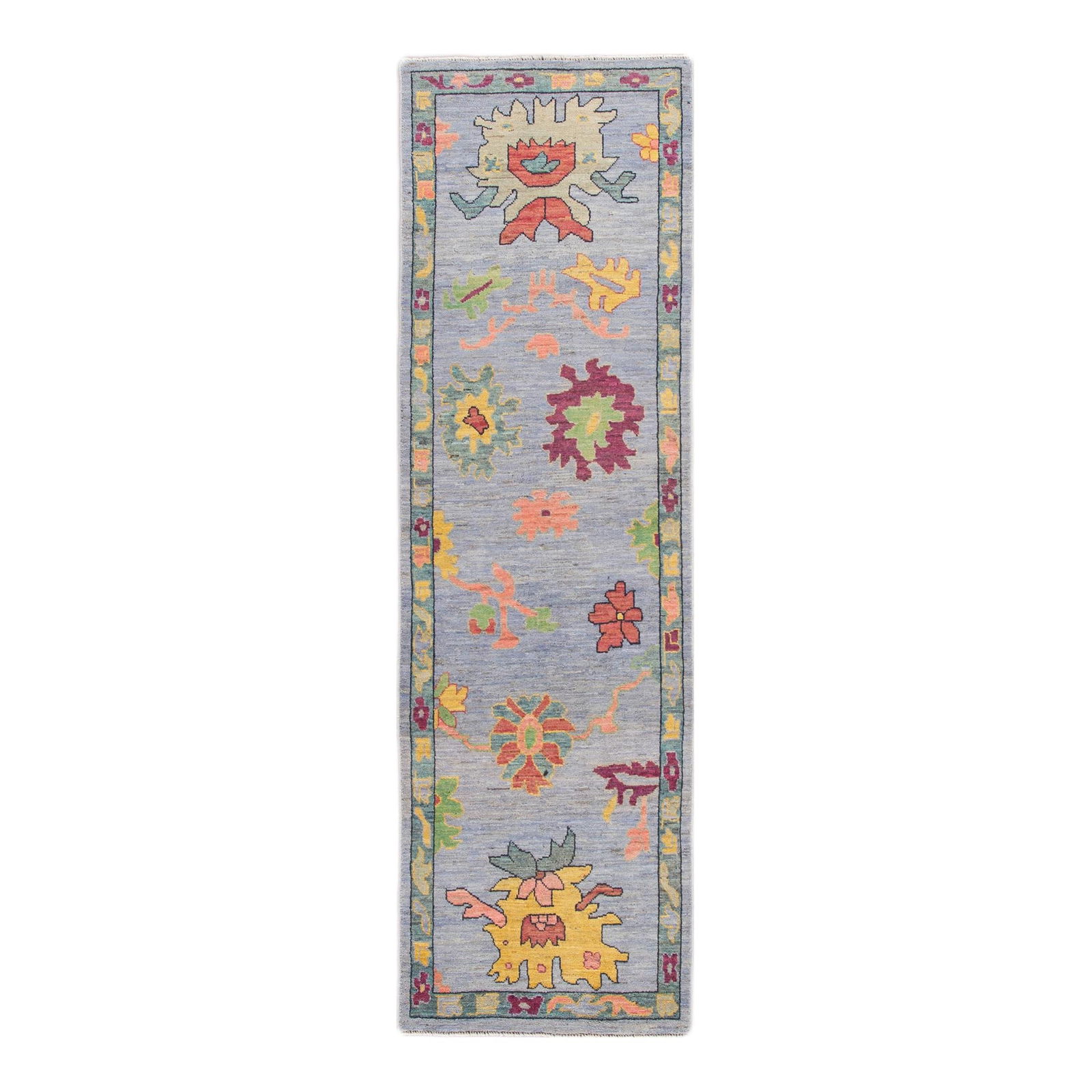 Modern Oushak Handmade Wool Runner Lavender Floral Design 2'11 x 10'3: Modern Oushak Handmade Wool Runner Lavender Floral Design 2'11 x 10'3 Enhance your space with this exquisite Modern Oushak Handmade Wool Runner. Featuring a stunning lavender field adorned with a
