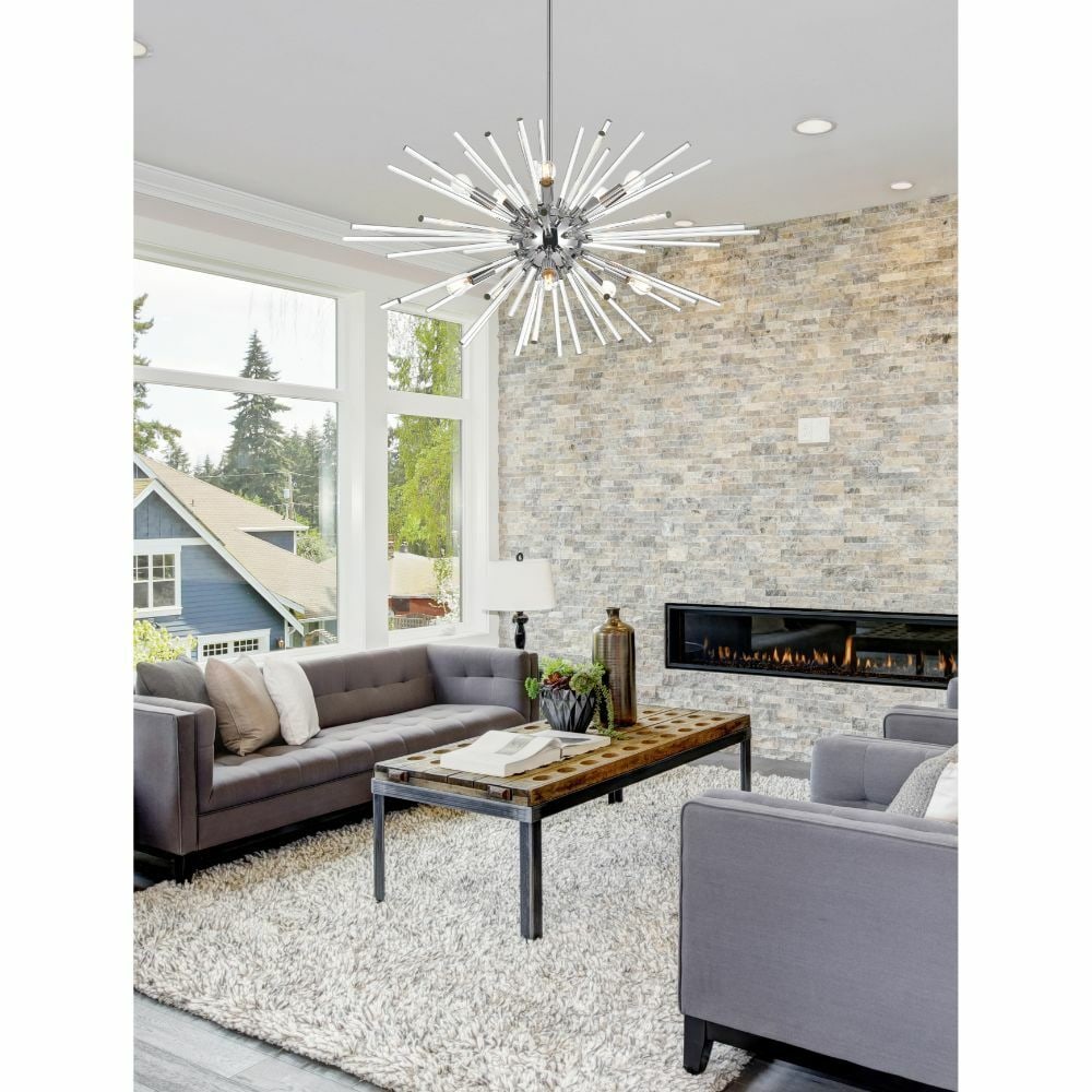 Modern 10-Light Sienna Chandelier Chrome Finish with Clear Glass Rods: Modern 10-Light Sienna Chandelier Chrome Finish with Clear Glass Rods Illuminate your space with this stunning 10-light chandelier, designed in a modern Sputnik style. This large ceiling fixture