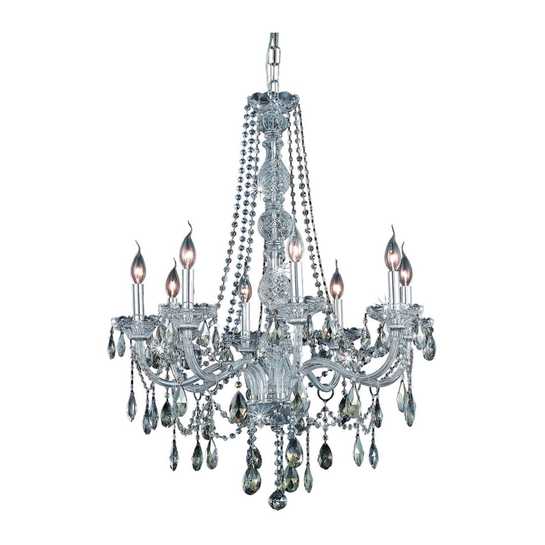 Verona Chrome 8-Light Chandelier with Golden Teak Crystals 28in: Verona Chrome 8-Light Chandelier with Golden Teak Crystals 28in Illuminate your space with this stunning Golden Teak Crystal Chandelier, featuring eight lights in a polished chrome finish. This