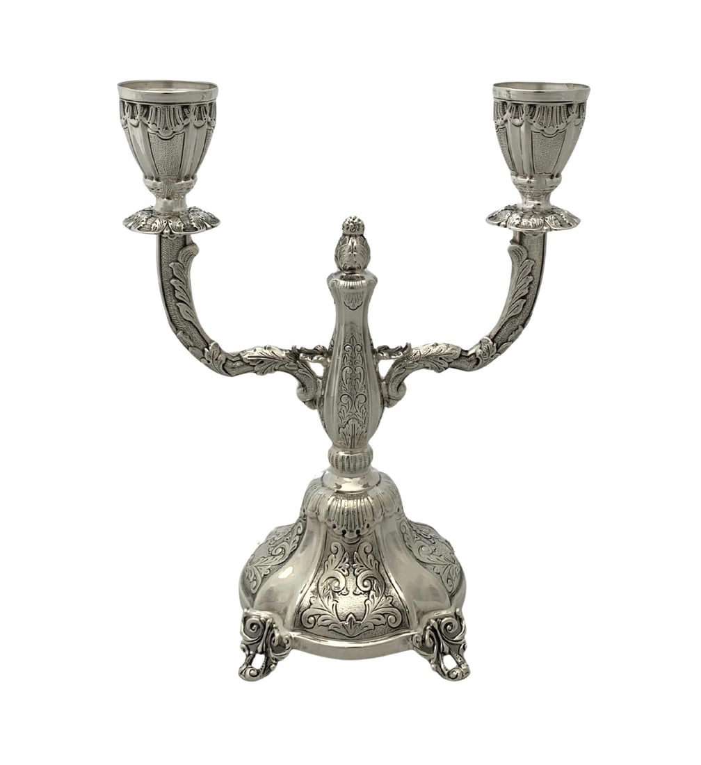 Handmade 925 Sterling Silver Leaf Chased 2 Light Candelabra (1 of 3)