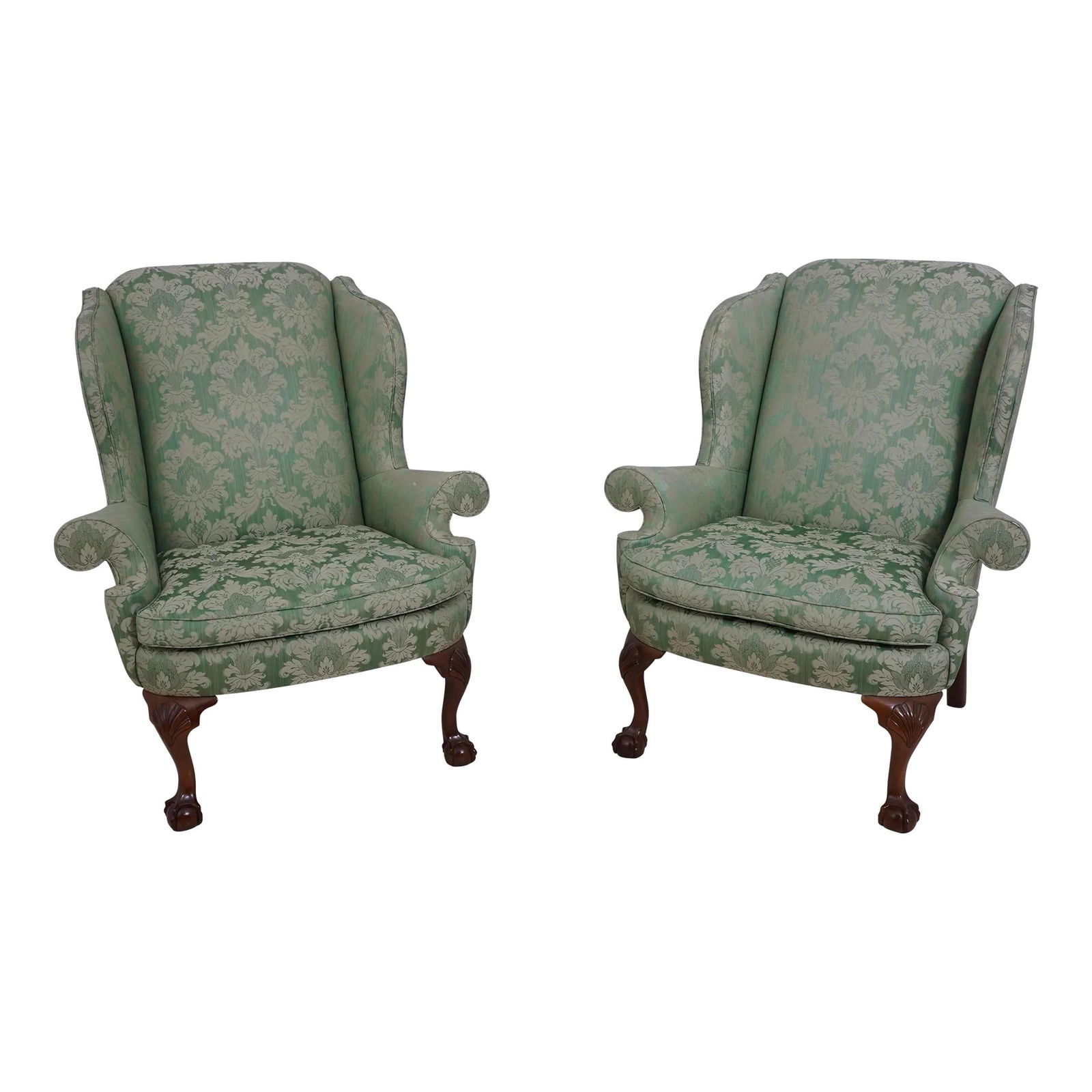 Elegant Kindel Winterthur Chippendale Wing Chairs in Green Damask (1 of 10)