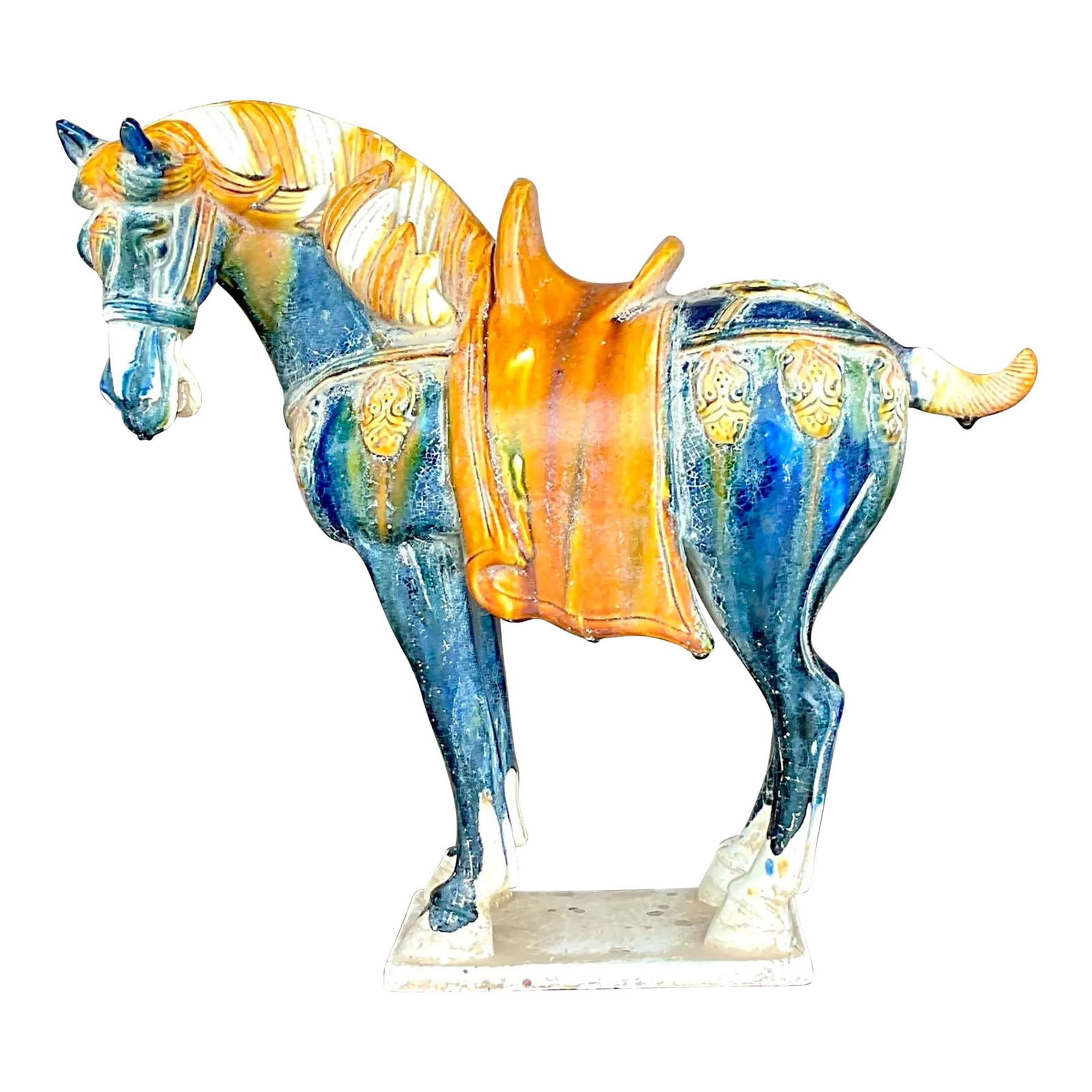 Vintage Asian Ceramic Tang Horse Navy Glazed Decor 15.0": Vintage Asian Ceramic Tang Horse Navy Glazed Decor 15.0" Enhance your home decor with this Vintage Asian Glazed Ceramic Tang Horse. Showcasing exquisite craftsmanship and a rich navy blue glaze, this