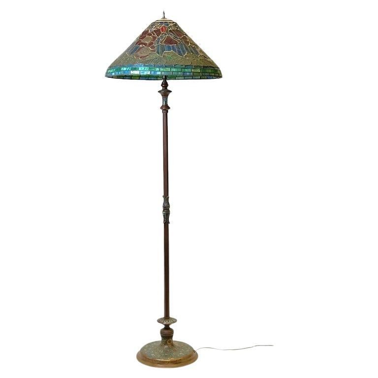 Mid-Century Champleve Enamel Bronze Floor Lamp With Leaded Glass Shade (1 of 9)