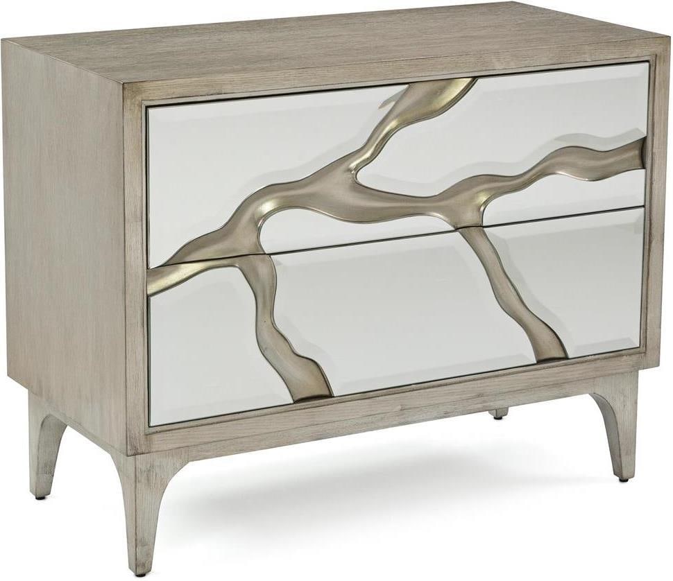 John-Richard Hollywood Regency Silver Night Stand with Two Drawers: John-Richard Hollywood Regency Silver Night Stand with Two Drawers This elegant two-drawer nightstand combines modern functionality with a touch of Hollywood Regency style. Crafted with a striking bla