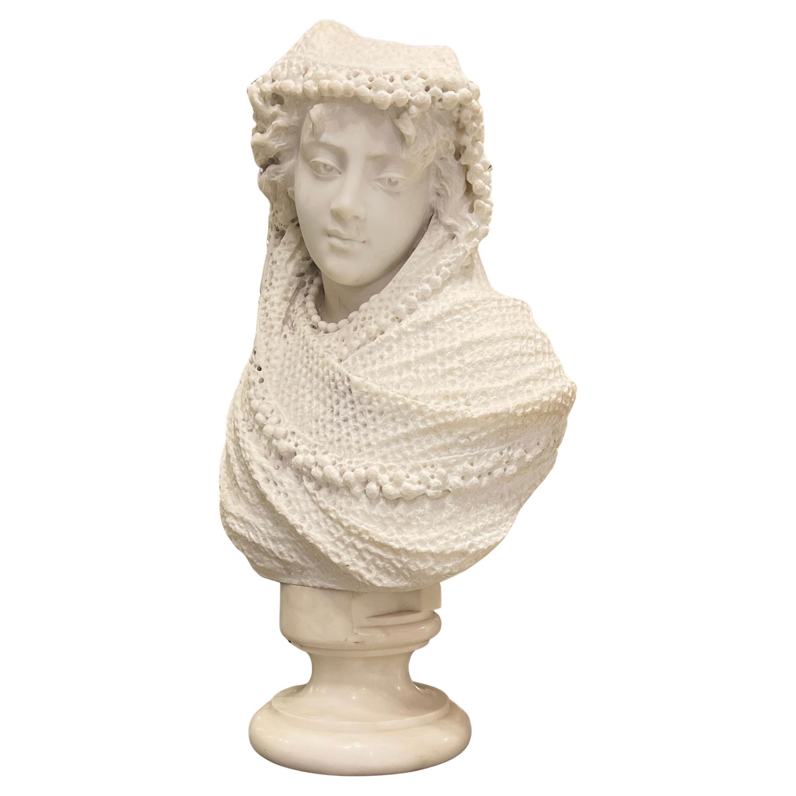 Italian Veiled Lady Carrara Marble Bust Late 19th Century: Italian Veiled Lady Carrara Marble Bust Late 19th Century This late 19th century Italian bust sculpture is crafted from Carrara white marble and depicts a veiled beauty draped in a fishnet shawl. The