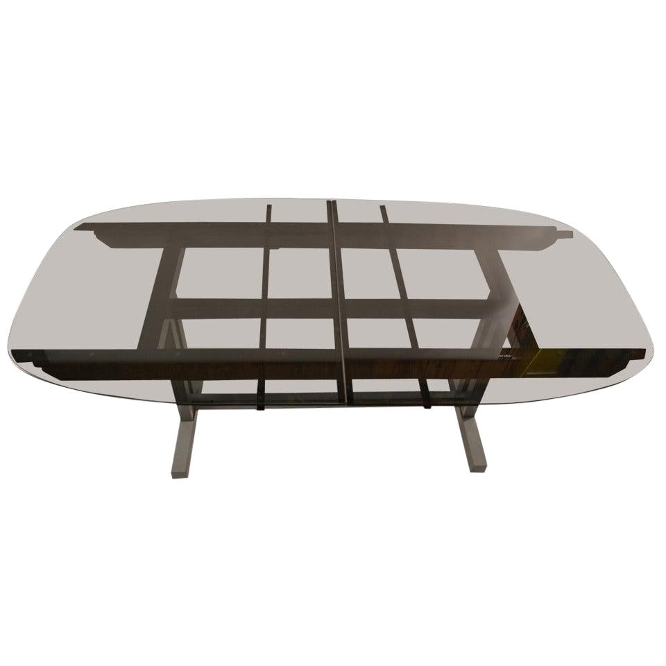 Modern Plate Glass Extension Dining Table with Grey Enamel Base: Modern Plate Glass Extension Dining Table with Grey Enamel Base This elegant Plate Glass Extension Dining Table features a thick 1/2" smoked grey glass top that rests on a sturdy grey enamel metal arc