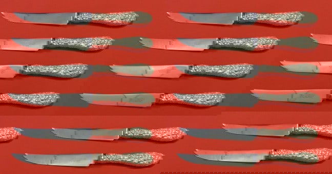 Stieff Rose Sterling Silver Steak Knife Set 12 pcs Serrated 8 1/2" (1 of 7)