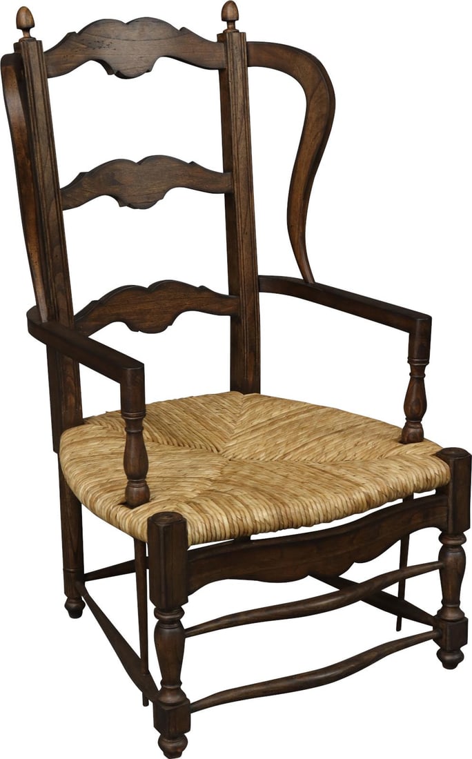 French Country Wing Chair Distressed Walnut Rush Seat (1 of 6)