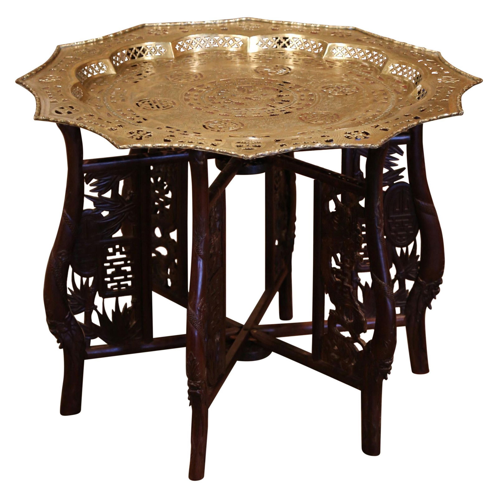 Chinese Brass and Mahogany Folding Coffee Table with Hand-Carved Base Circa 1950 (1 of 8)