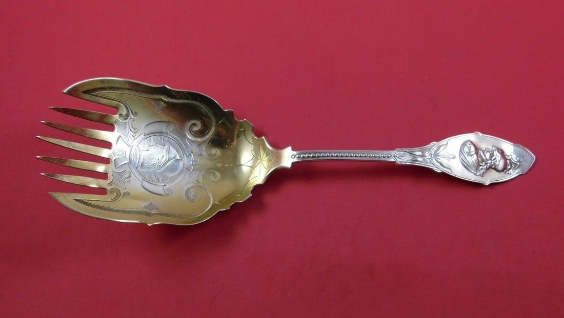 J. & W. Moir Medallion Salad Serving Fork Sterling Silver 9 3/4" (1 of 1)